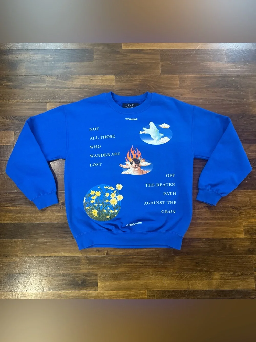 Civil Regime Crewneck Sweatshirt Medium Blue Off The Beaten Path Graphic Pullove